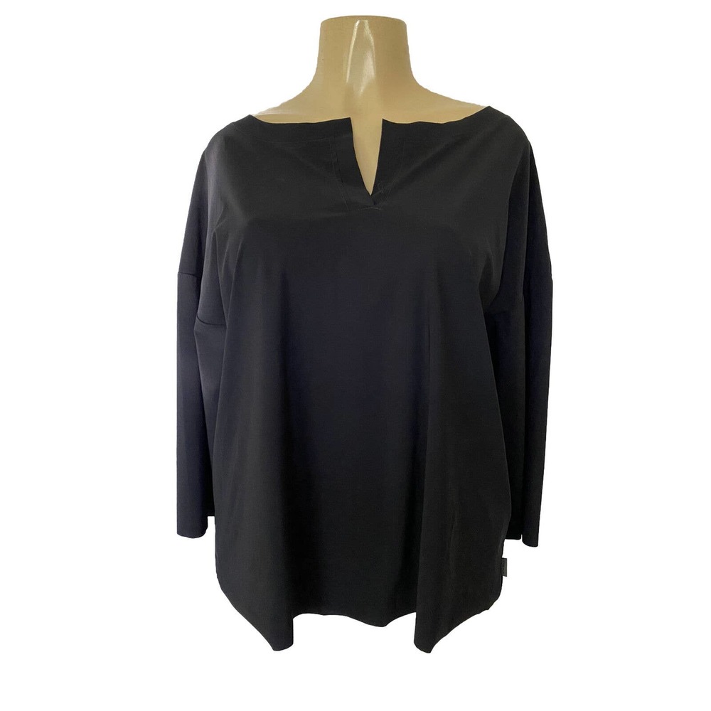 OSKA Top Blouse Shirt Stretch Black 3/4 Sleeve Split V Neck Relaxed 1 6 8